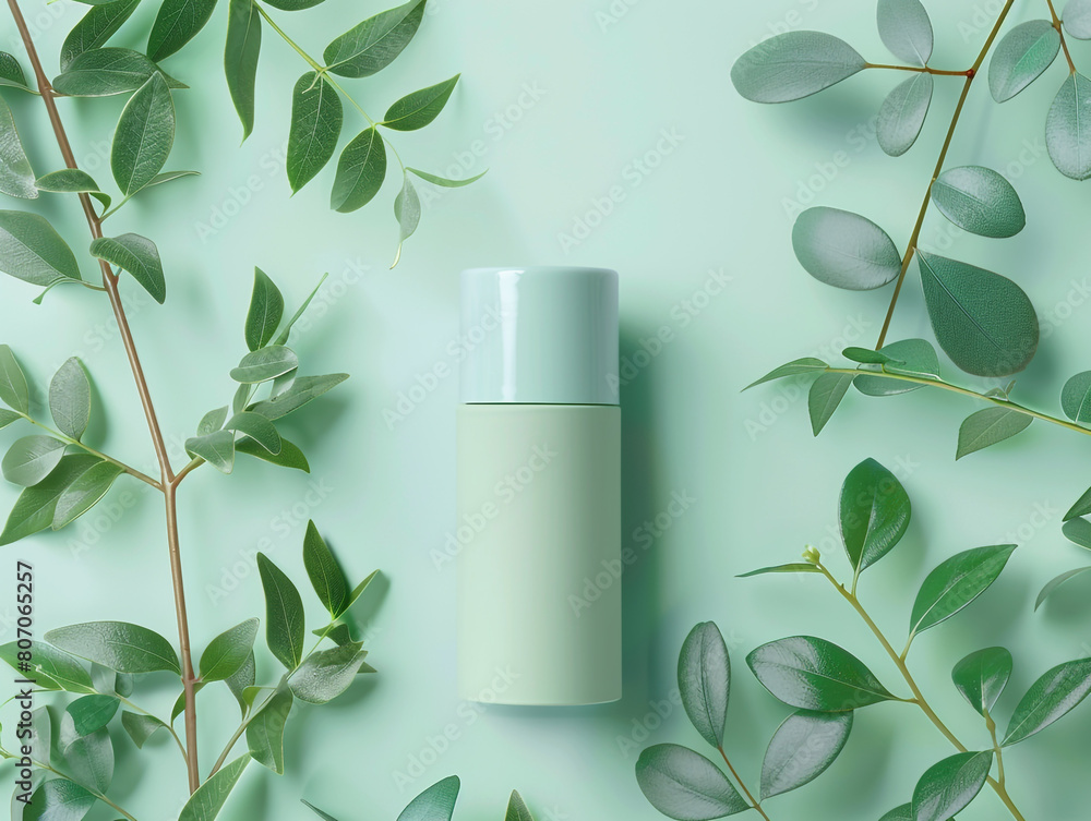 A cosmetic bottle with a blank label with leaf and nature ornaments around it. A cosmetic bottle with a blank label with leaf and nature ornaments around it.