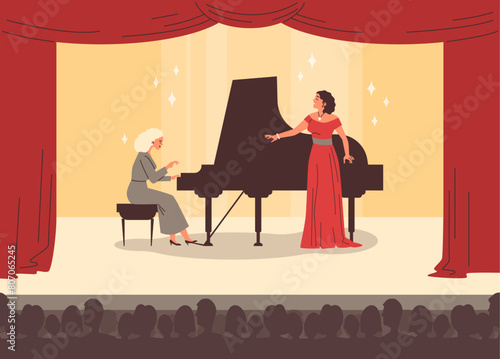 Beautiful woman opera singer in long red dress and musician pianist at piano on scene vector flat illustration, premiere