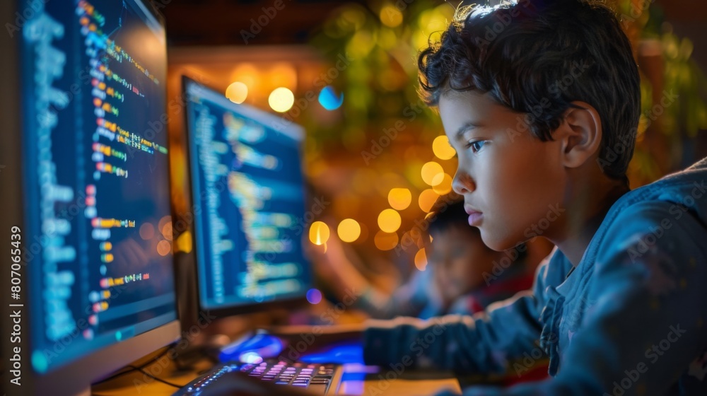 A focused boy engages with coding software in a dimly lit room, illuminated by the glow of computer screens. A focused boy engages with coding software in a dimly lit room, illuminated by the glow of computer screens.