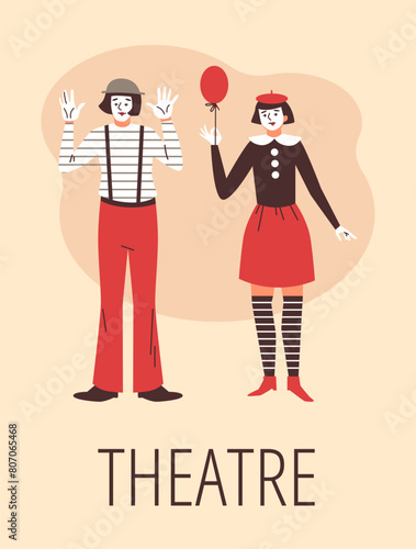 Mime theater artists couple vector flat poster, cartoon actors with white face makeup, comedy pantomime French performer