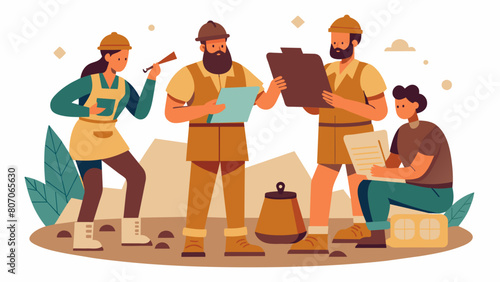 The archaeological team heavily documents each artifact found creating a detailed timeline of the lands history.. Vector illustration