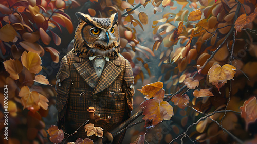 See a detailed portrayal of a sophisticated owl perched on a branch, adorned in a professorial tweed suit and holding a pipe, against a backdrop of vibrant foliage photo