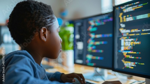 A focused black boy engaging in software development using two computer screens with colorful code. photo