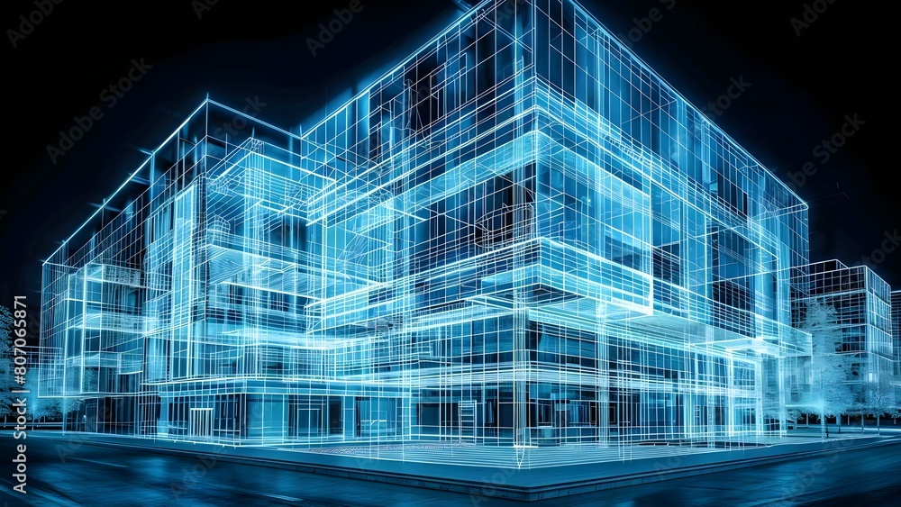 A professional engineer viewing a holographic wireframe of a building. Concept Architecture, Technology, Engineering, Design, Future A professional engineer viewing a holographic wireframe of a building. Concept Architecture, Technology, Engineering, Design, Future