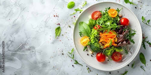 Fresh mixed salad with tomatoes, carrots, and greens on a textured white background
