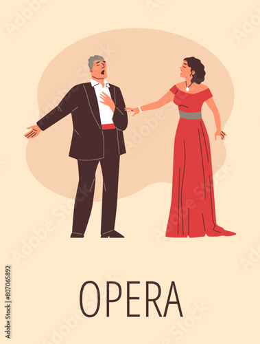 Opera singers in duet performance vector illustration