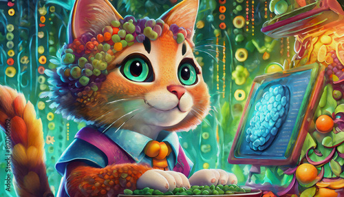 oil painting style CARTOON CHARACTER cute cat Inventor Works on a Complex Machine, animal, cat, lap top, computer