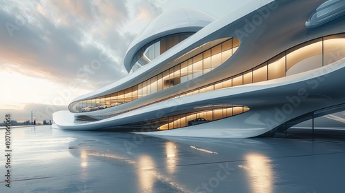 Architectural Marvel Modern Futuristic Building with Unoccupied Ground Ideal for Showcasing Automobiles 