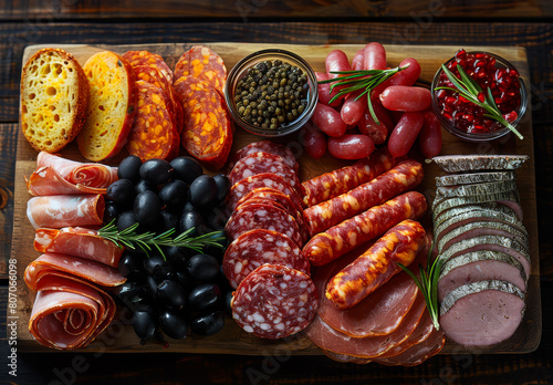 A wooden tray with a variety of meats and vegetables, including olives, grapes, and bread photo