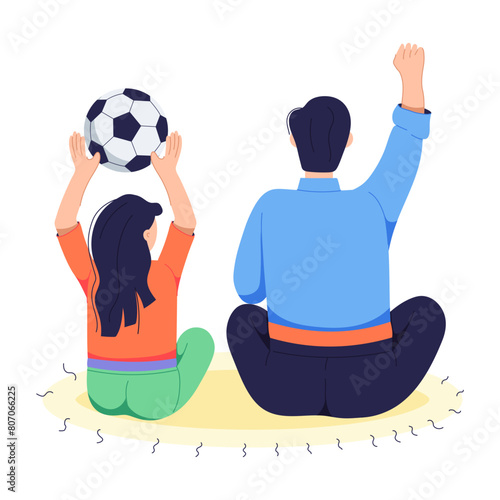 A flat illustration of father daughter playing soccer 