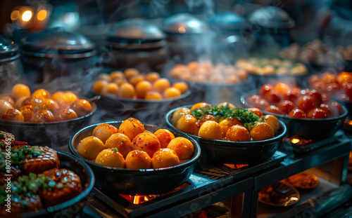 A variety of food is being cooked in a restaurant kitchen. The food includes a large number of eggs, tomatoes, and other vegetables