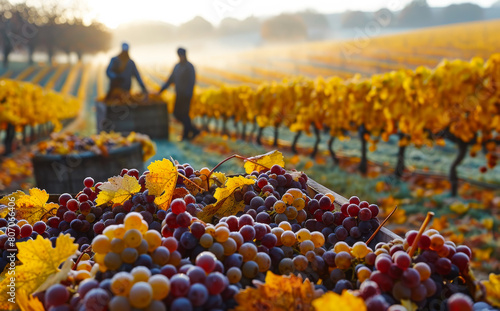 A field of grapes with a man and a woman picking them. The grapes are ripe and ready to be harvested