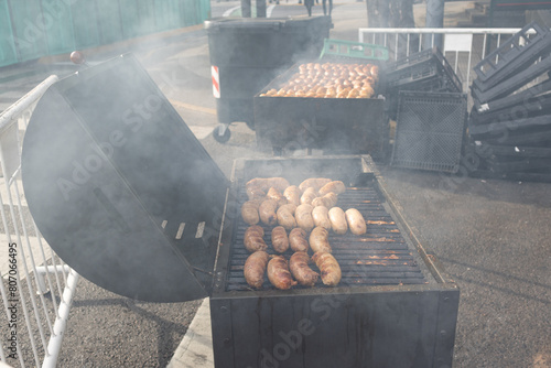 Sausages Cooking on a Grill with Smoke in Buenos Argentina