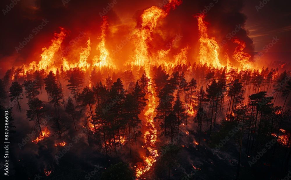 A forest fire is raging, with flames shooting up into the sky. The fire is so intense that it is difficult to see the ground A forest fire is raging, with flames shooting up into the sky. The fire is so intense that it is difficult to see the ground