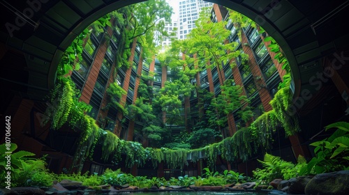 Wide-angle view of a multi-layered vertical garden in an urban setting