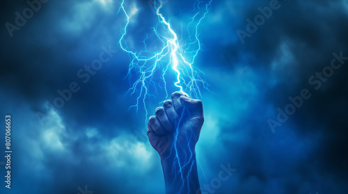 An empowering image where a human hand channels a forceful lightning bolt, symbolizing ambition and control