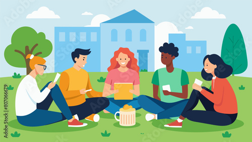 A group of friends sitting on a campus lawn trading ideas on how to minimize expenses while still having a social life.. Vector illustration