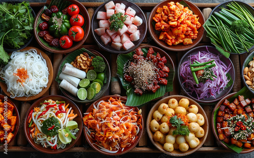 A table full of food with many different types of food in bowls. Scene is inviting and delicious