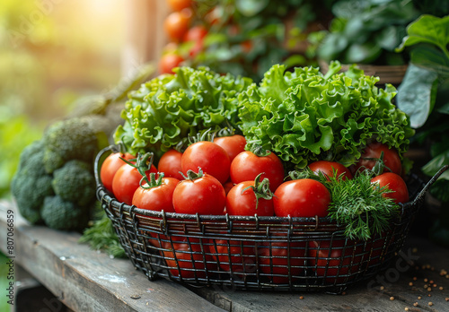 A basket of tomatoes and lettuce sits on a wooden table. The basket is filled with a variety of vegetables