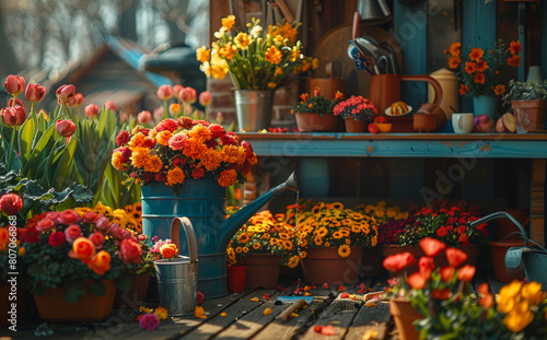 Wallpaper Mural A garden with many potted plants and a watering can. The watering can is blue and has a silver handle. The plants are of various colors and sizes Torontodigital.ca