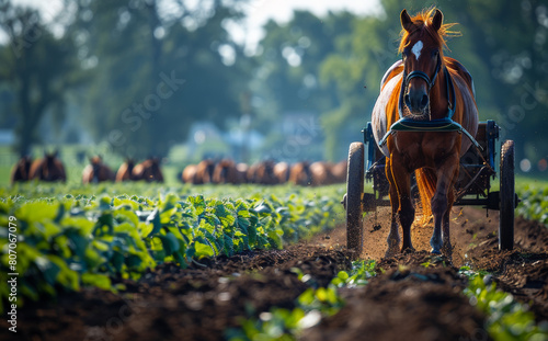 A horse is pulling a wagon full of hay. The scene is peaceful and serene, with the horse and the wagon moving through a field of green plants photo