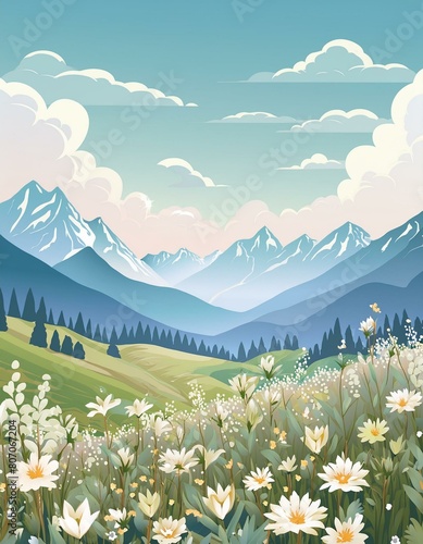 Meadow with a variety of mountain flowers like edelweiss  gentians  and alpine roses