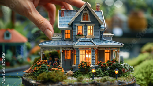 Fingers carefully grasping miniature house model, portraying homeownership aspirations. photo