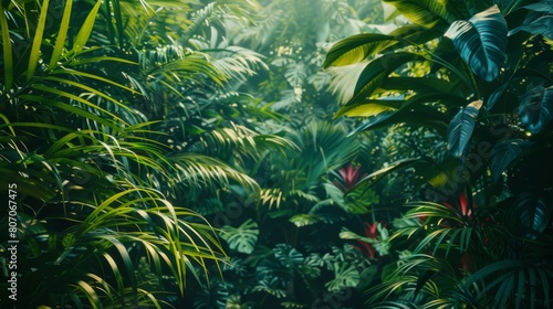 Lush Tropical Greenery with Sunlight Filtering Through Foliage
