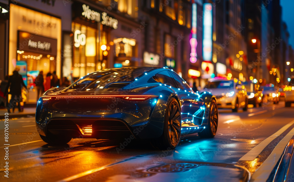 A futuristic car with neon lights is driving down a city street at night. The car is surrounded by a group of people, some of whom are walking and others are standing