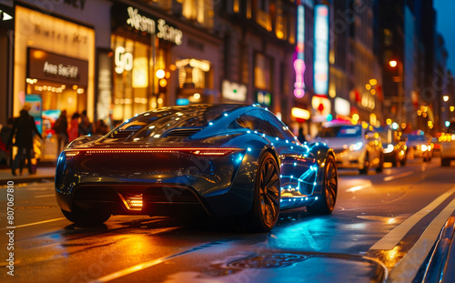 A futuristic car with neon lights is driving down a city street at night. The car is surrounded by a group of people, some of whom are walking and others are standing © Vadim