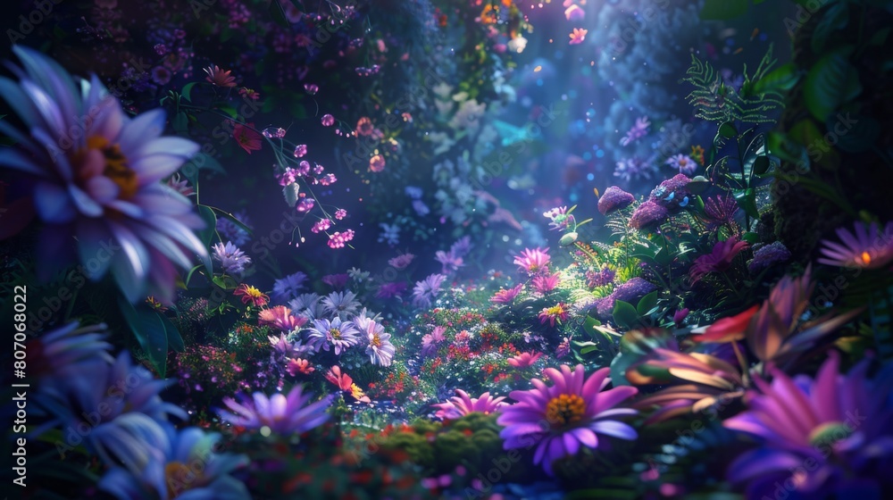 Enchanted Forest Garden with Lush Flowers and Magical Light