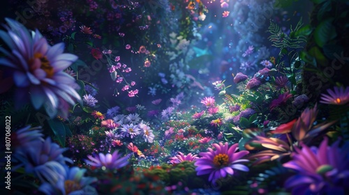 Enchanted Forest Garden with Lush Flowers and Magical Light