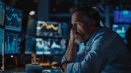 High-stakes trading scenario with a tense stock market trader observing turbulent market data on screens, in an office setting at night