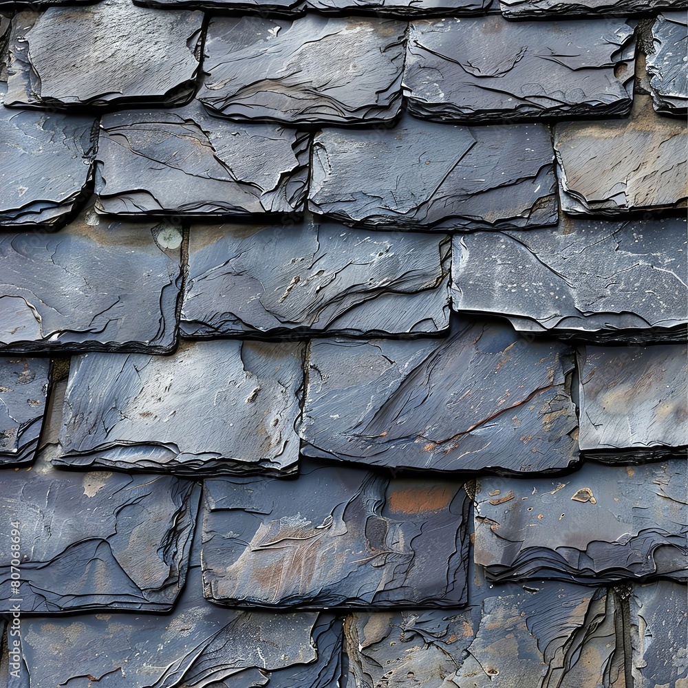 Slate roof tiles with distinct layers and a rough, uneven texture. Slate roof tiles with distinct layers and a rough, uneven texture.