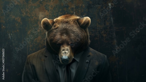 Intimate portrayal of a bear in a suit, embodying a stressed and unsuccessful businessman with a sad, contemplative look photo