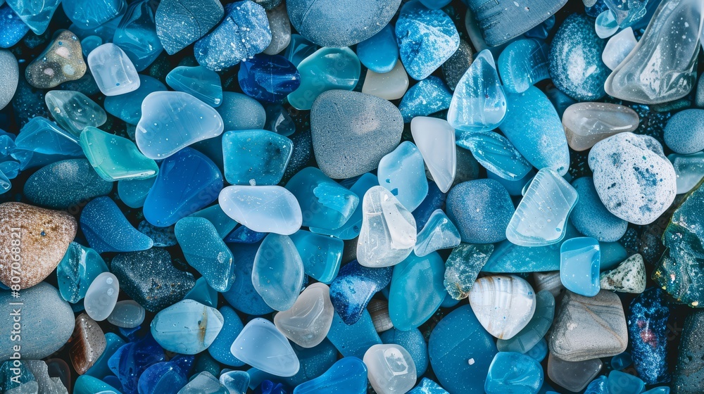 Intimate top view of vibrant blue sea glass mixed with polished stones on a beach, illustrating the peaceful and artistic side of the seashore Intimate top view of vibrant blue sea glass mixed with polished stones on a beach, illustrating the peaceful and artistic side of the seashore