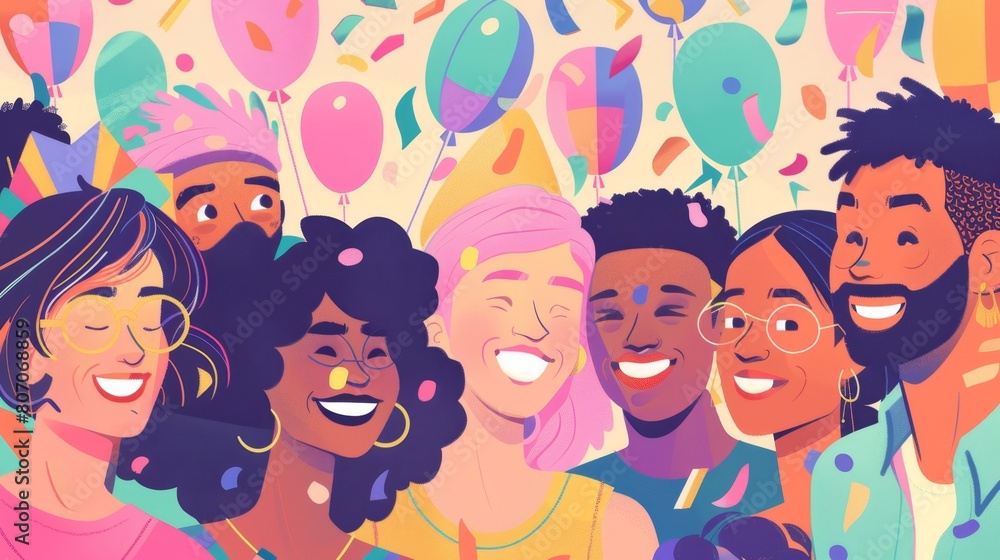 Vibrant Diverse Friend Group Celebrating with Joy and Balloons Vibrant Diverse Friend Group Celebrating with Joy and Balloons