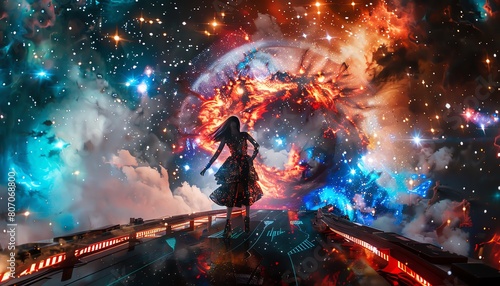 Imagine a cosmic stage adorned with pulsating futuristic designs, showcasing models in edgy cyberpunk ensembles against a backdrop of twinkling stars and electrifying nebulae photo