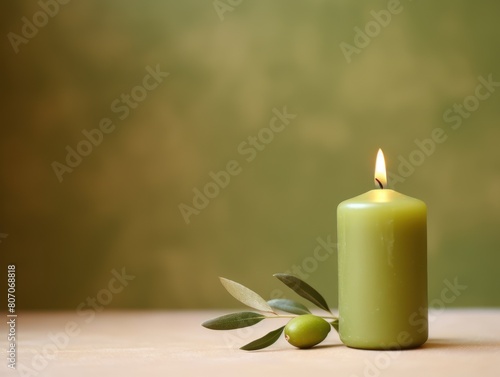 Olive background with white thin wax candle with a small lit flame for funeral grief death dead sad emotion with copy space texture for display 