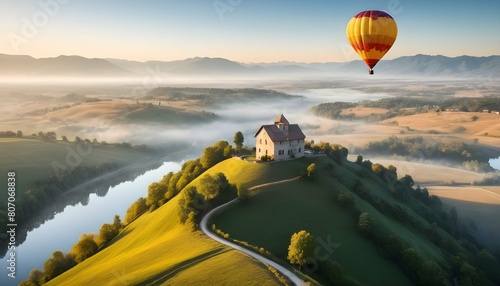 A hot air balloon drifting gracefully over a pictu upscaled 3 photo
