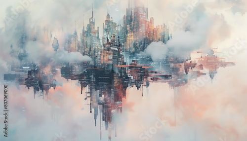 Imagine an aerial perspective of floating cities with a twist--incorporate watercolor textures to soften the futuristic vibe Highlight intricate details of hovering buildings against a pastel sky