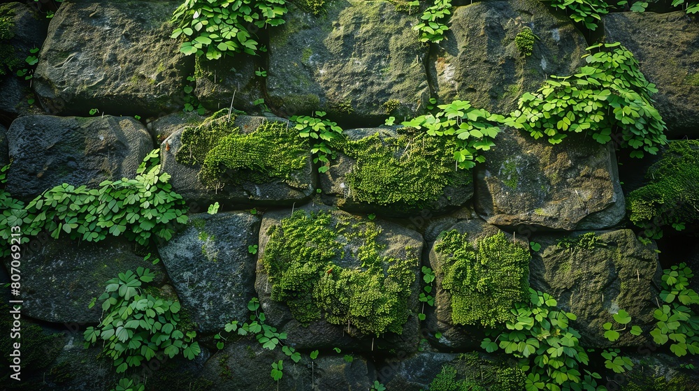 Velvety moss covering a stone wall, soft and dense with a vibrant green color.
