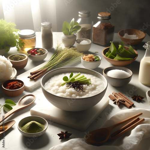Bubur Sumsum Rice Porridge with Palm Sugar on Marble Counter photo
