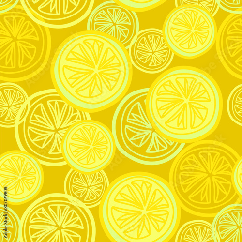 Fresh lemon fruits slices. Seamless pattern with bright citrus fruit. Summer. Vector illustration