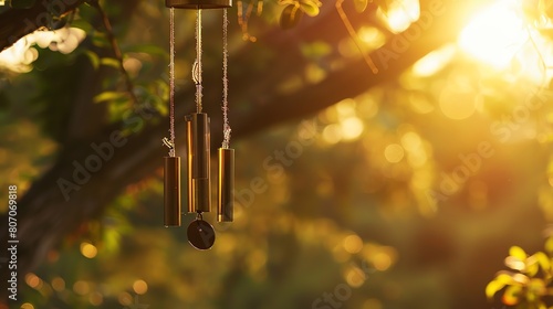 The image is a beautiful shot of a wind chime hanging from a tree. The sun is shining through the trees, creating a warm and inviting atmosphere. photo