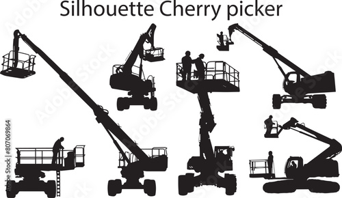 A Lot of Cheery Picker Truck Silhouette vector illustration