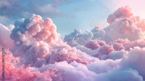 background blending from soft pastel hues of sky blue to cotton candy pink, evoking the dreamy enchantment of a whimsical fairytale landscape