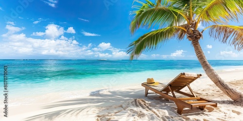 Fototapeta Naklejka Na Ścianę i Meble -  White sand with palm trees and emerald sea. A heavenly place to relax. Luxurious tropical landscape. Beautiful exotic summer beach background for design.