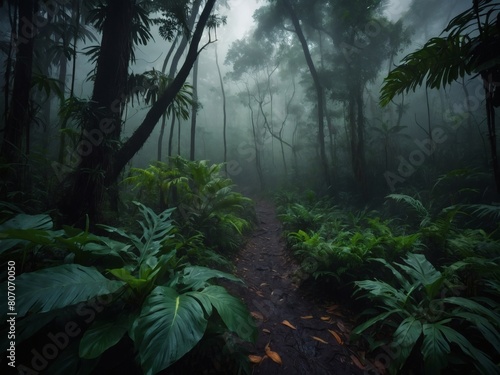 Journey into the heart of nature s majesty  a foggy forest landscape cloaked in mystery  where the lush greenery of the jungle oasis beckons amidst the misty darkness.