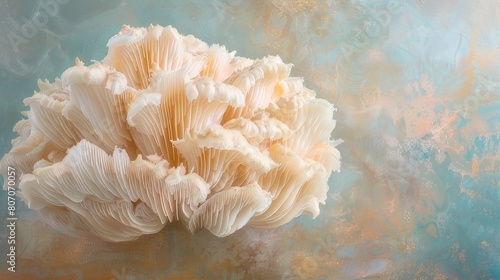 Fungal Elegance Lion's Mane Mushroom (Hericium erinaceus) on Pastel Background, Revealing Beauty in Soft Hues
